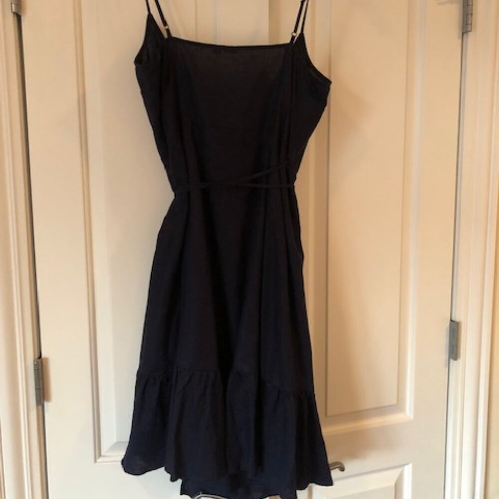 Gap Ruffle True Wrap Linen Dress Navy V-Neck Midi Knee Length - Picture 4 of 6